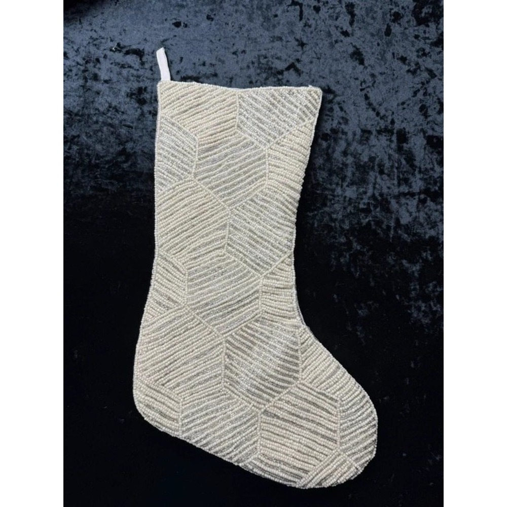 Rachel Zoe Beaded Christmas Stocking Ivory Silver Geometric 18" Holiday Decor